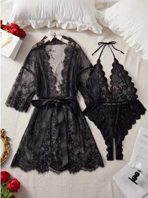 Untitled Women's Deep V Lace Bodysuit Set - Size Large - Elegant two-Piece Lingerie